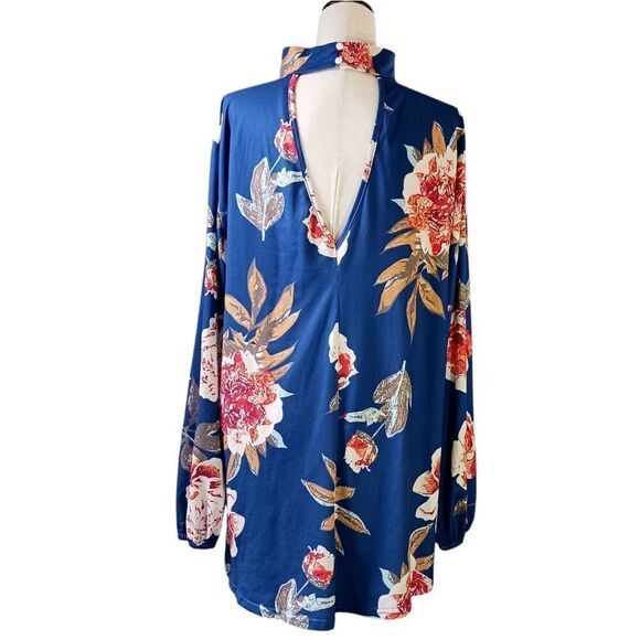 Vintage Dress Blouse Choker Stretch Tunic Long Sleeve Cabbage Rose Print Size 3X - Picture 3 of 10